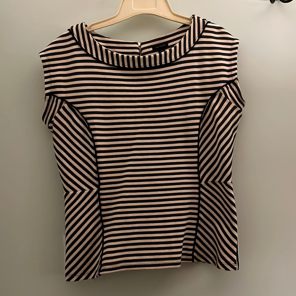 Navy stripes knit fitted sleeveless top. Ann Taylor. cotton/spandex. Zipper back